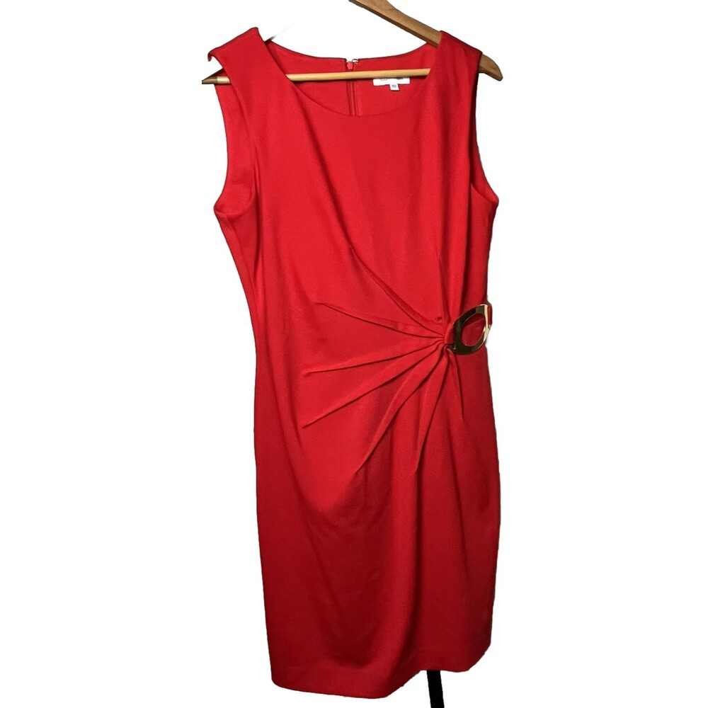 Calvin Klein VTG Y2K Sheath Cocktail Dress 10 Sleeveless‎ Red Gold Buckle Ruched